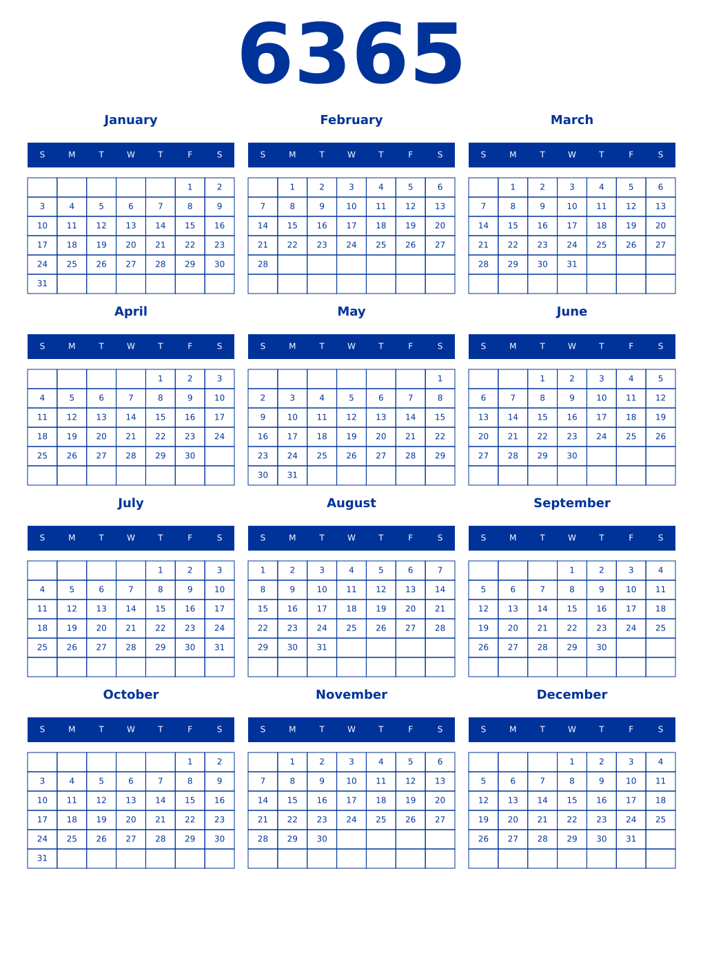 Printable 6365 Year Calendars smalt