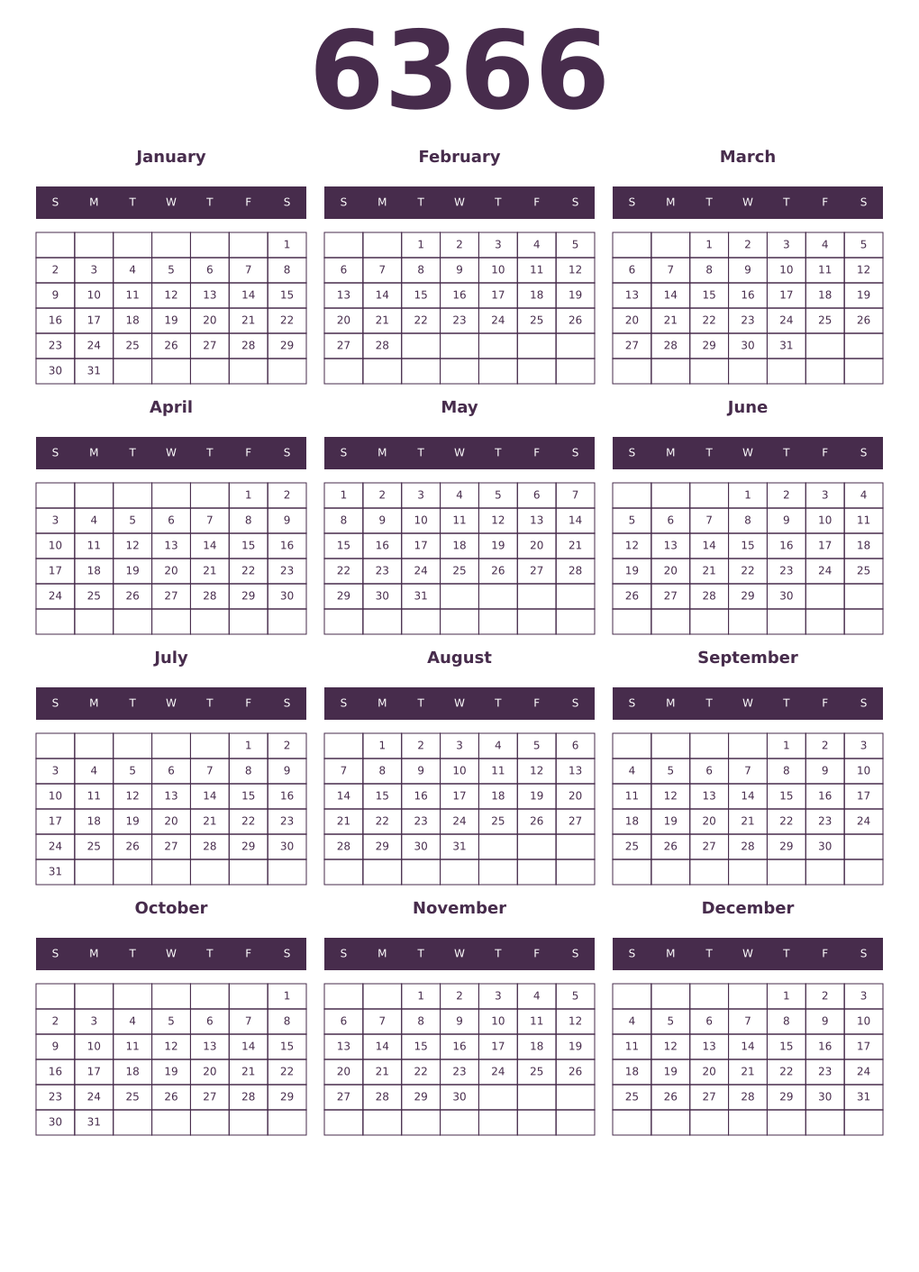 Printable 6366 Year Calendars aubergine