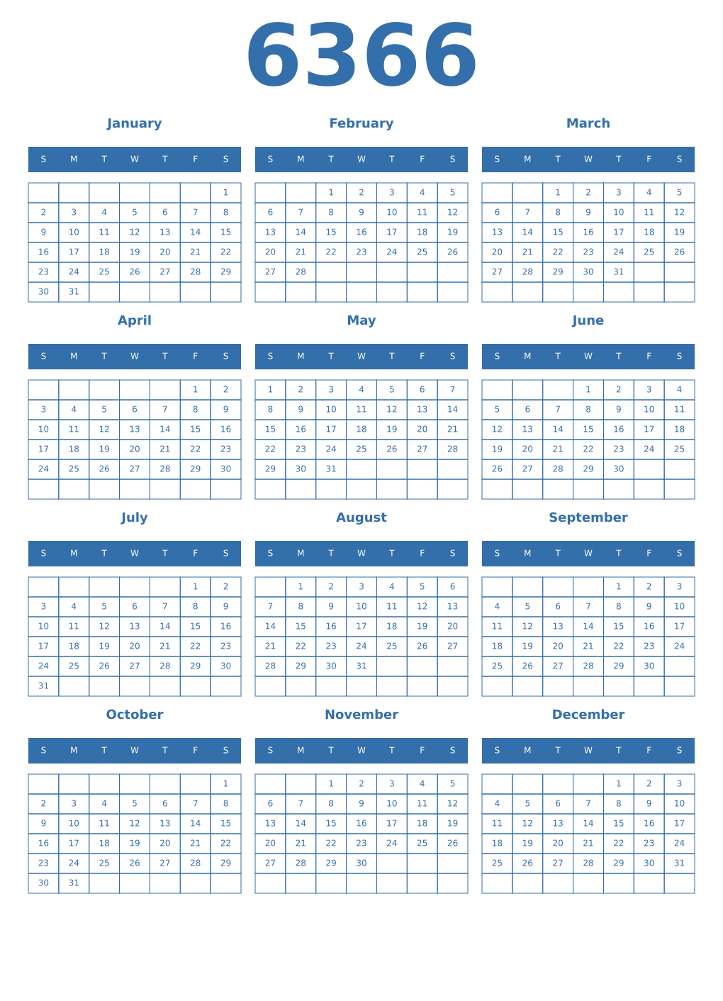 Printable 6366 Year Calendars blue