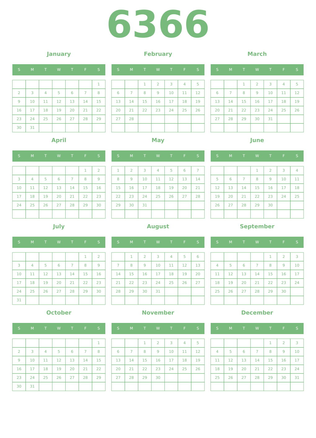 Printable 6366 Year Calendars celadon