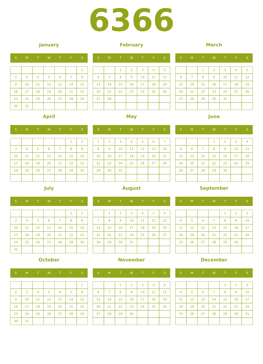 Printable 6366 Year Calendars chartreuse