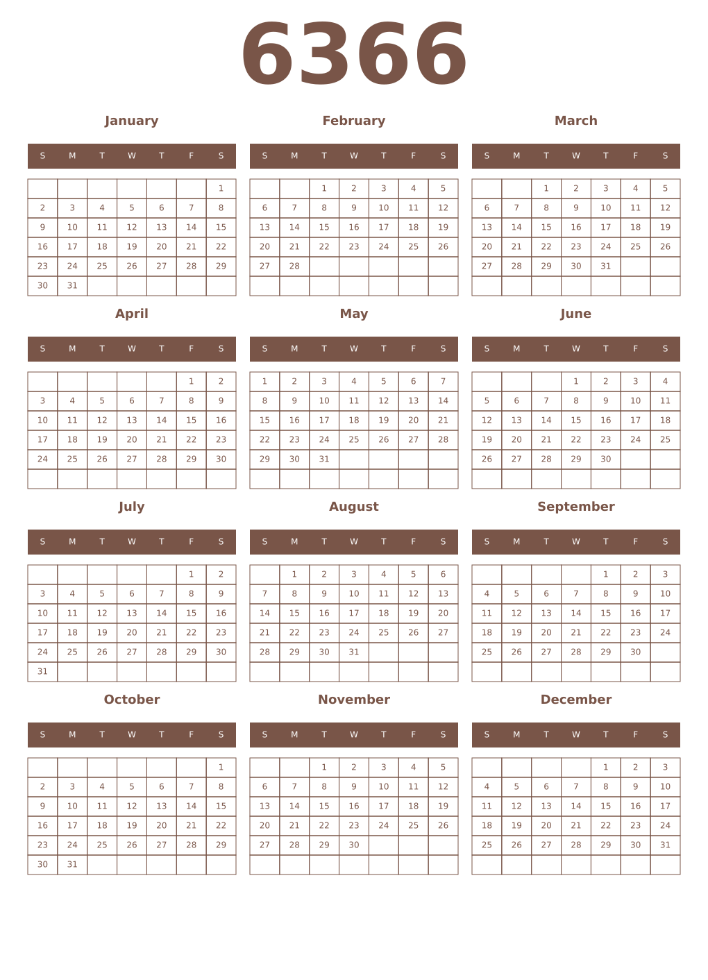 Printable 6366 Year Calendars coffe