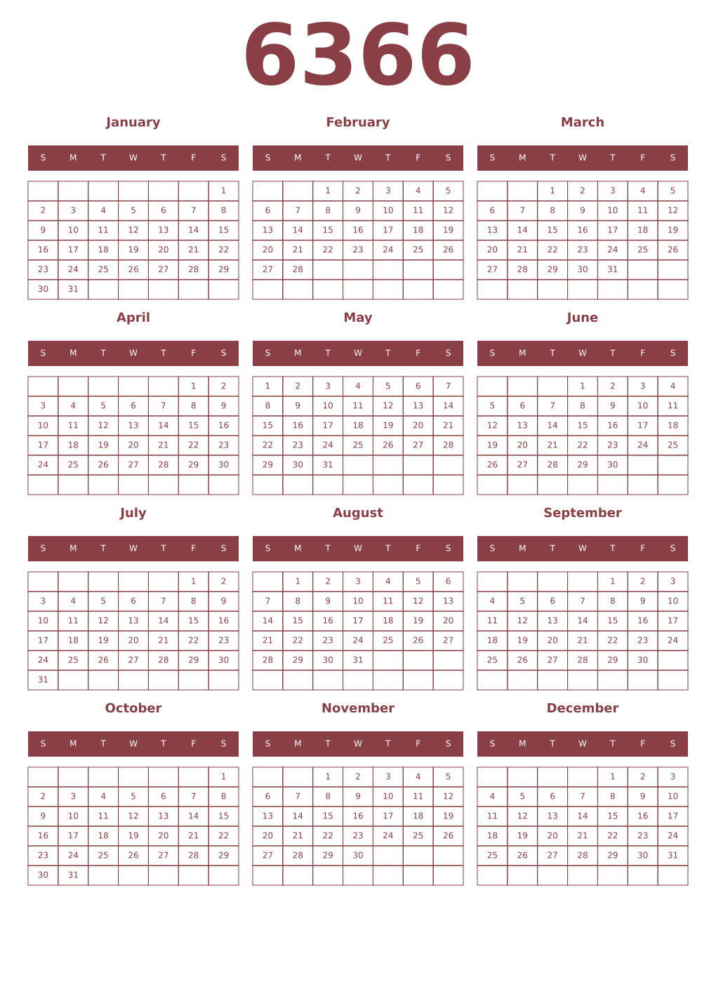 Printable 6366 Year Calendars cordovan