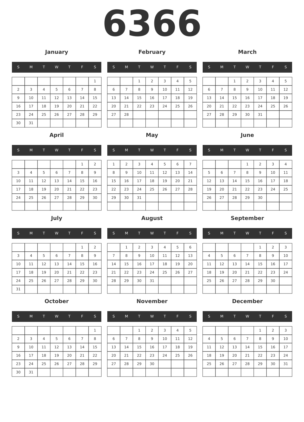 Printable 6366 Year Calendars dark