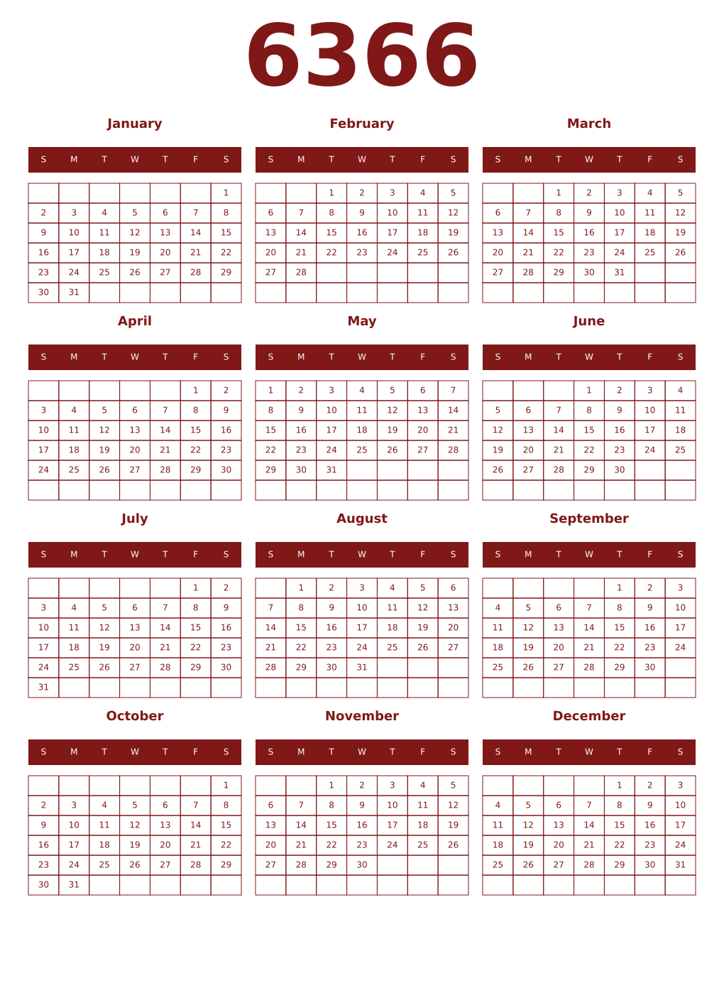 Printable 6366 Year Calendars falu