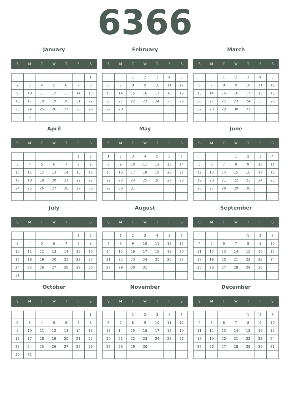 Printable 6366 Year Calendars feldgrau