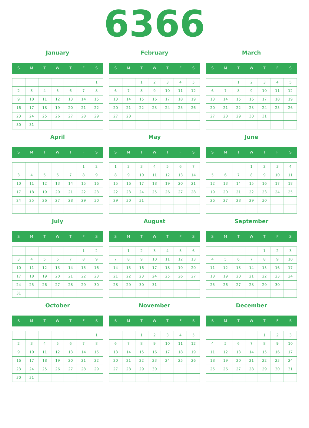Printable 6366 Year Calendars green