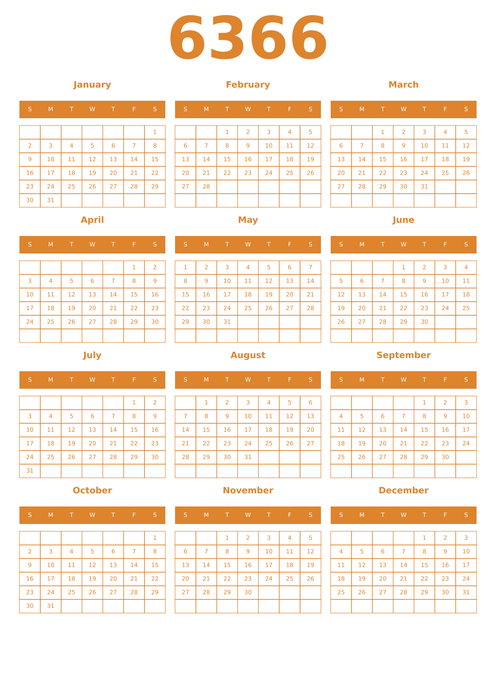 Printable 6366 Year Calendars orange