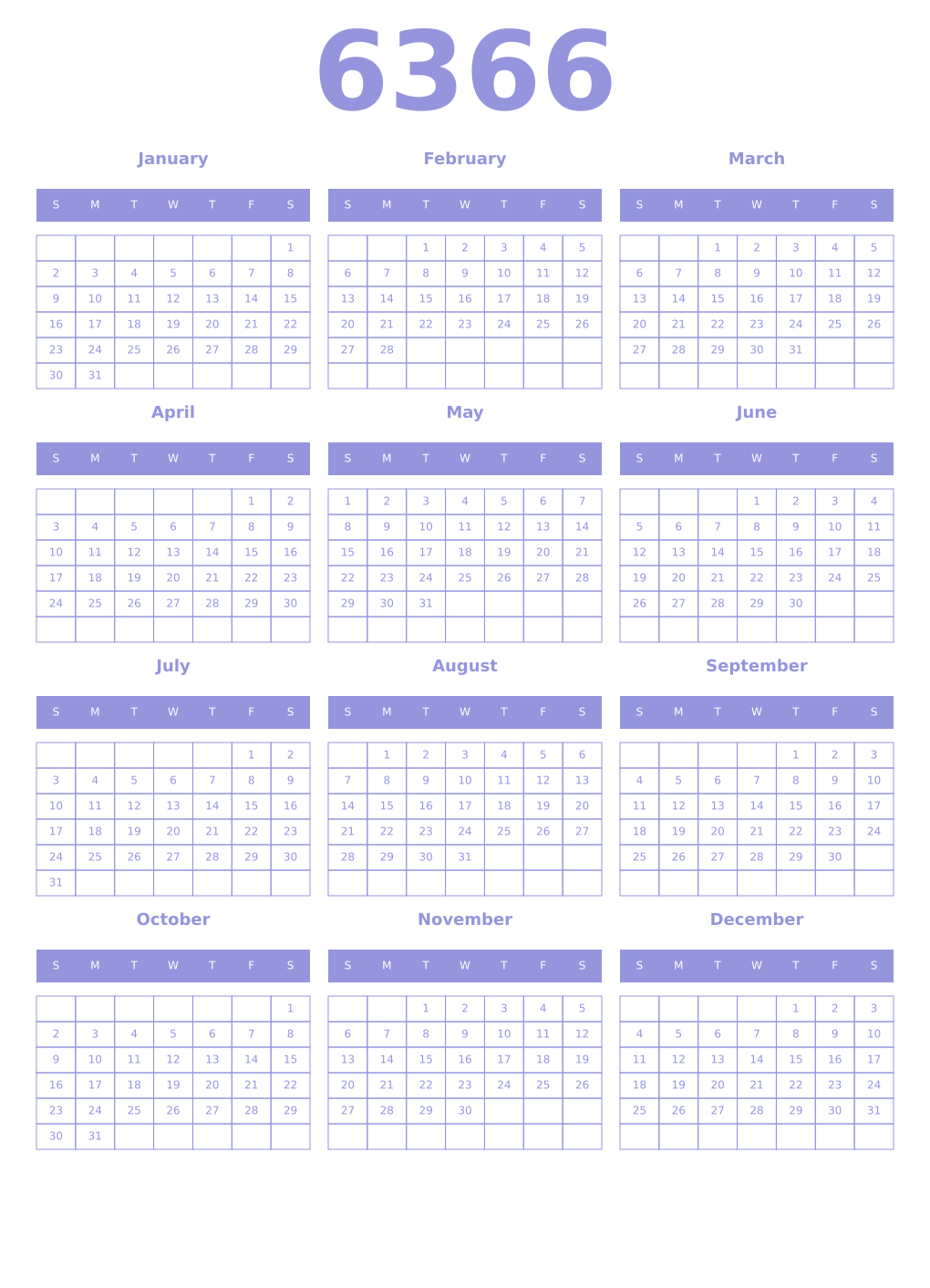 Printable 6366 Year Calendars periwinkle