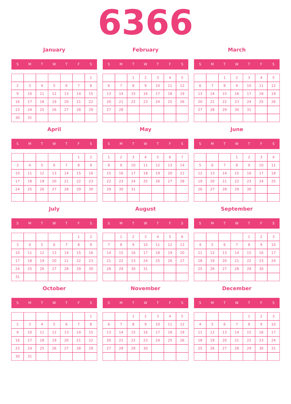Printable 6366 Year Calendars pink