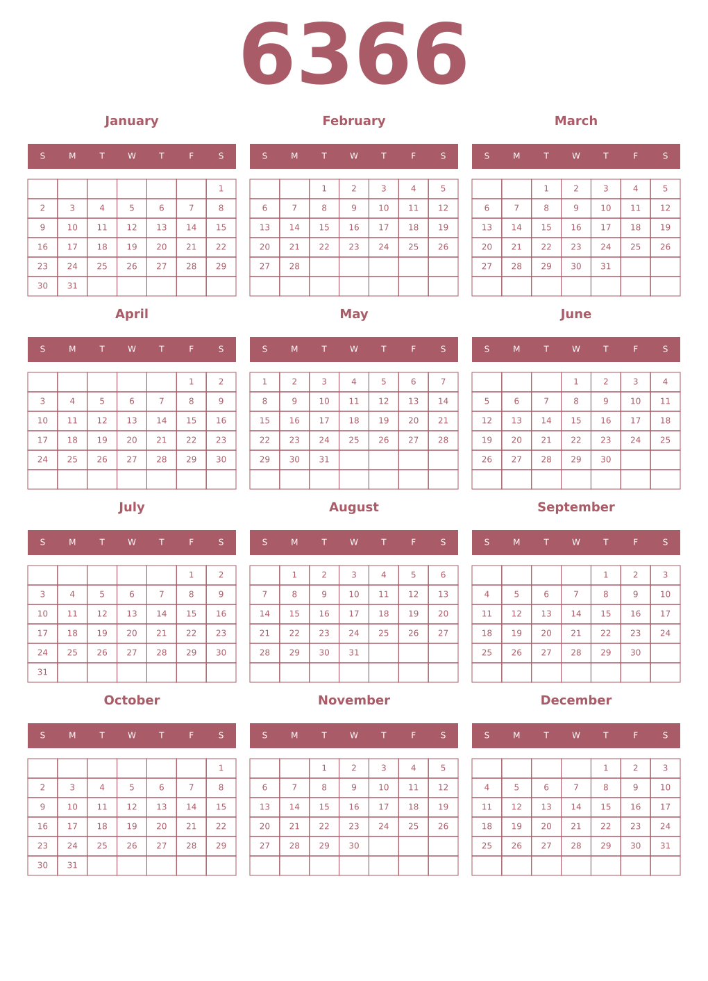 Printable 6366 Year Calendars puce