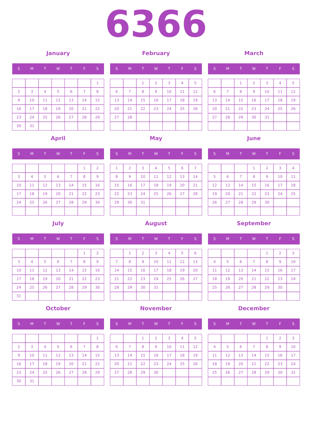 Printable 6366 Year Calendars purple
