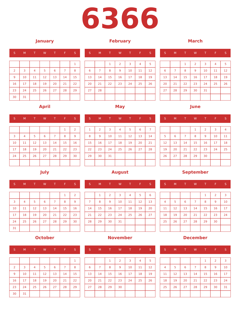 Printable 6366 Year Calendars red
