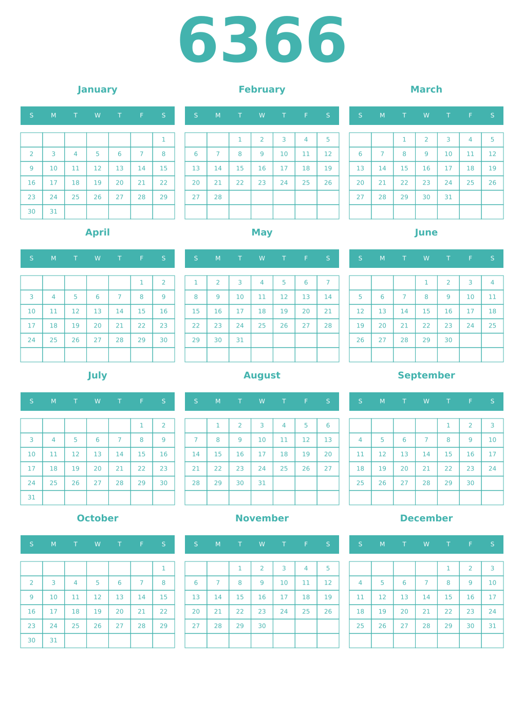 Printable 6366 Year Calendars verdigris