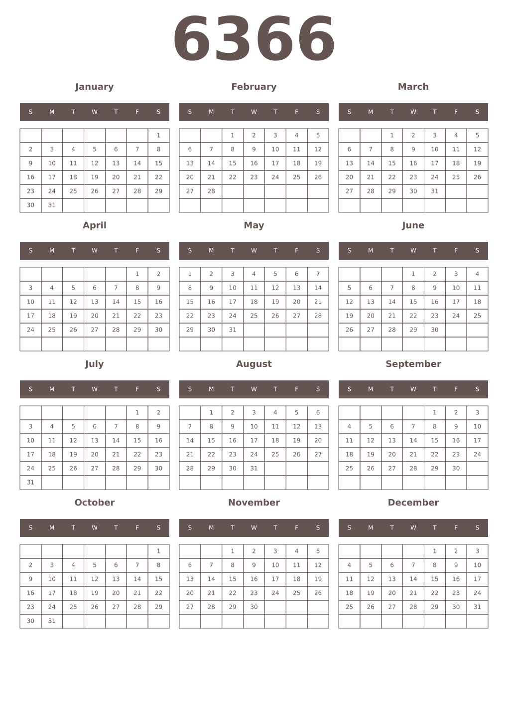 Printable 6366 Year Calendars wenge