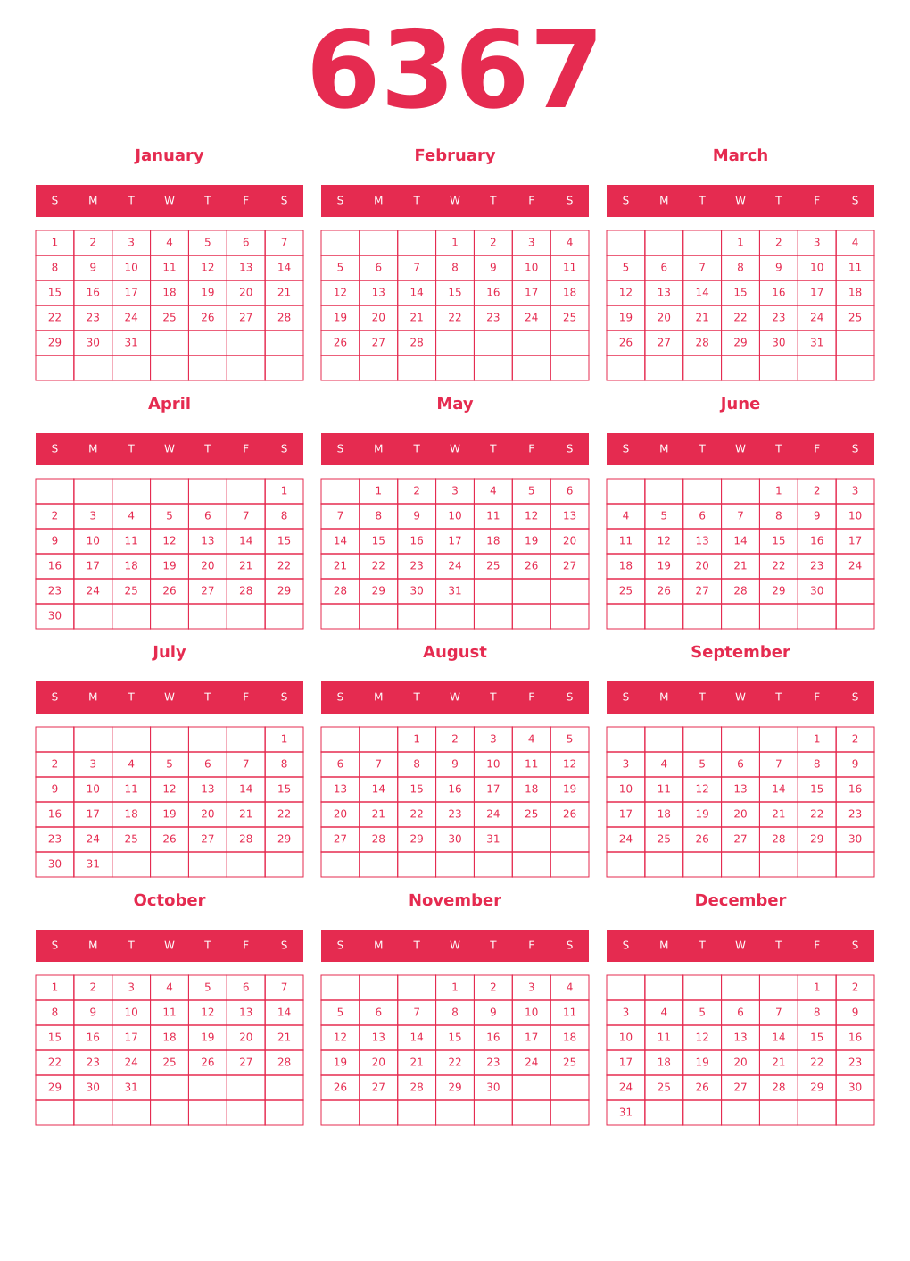 Printable 6367 Year Calendars amaranth