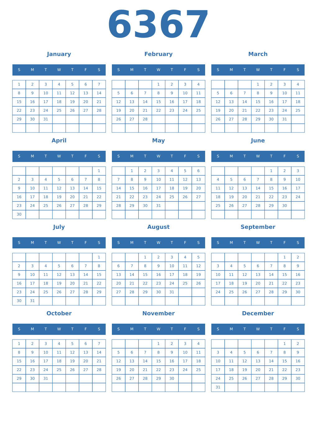 Printable 6367 Year Calendars blue
