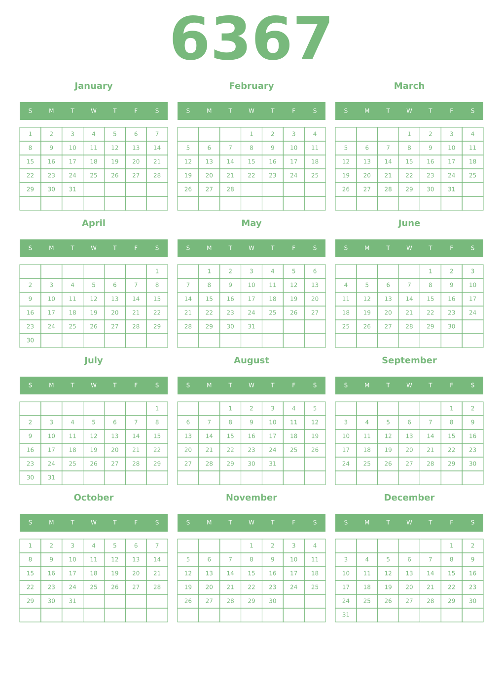 Printable 6367 Year Calendars celadon