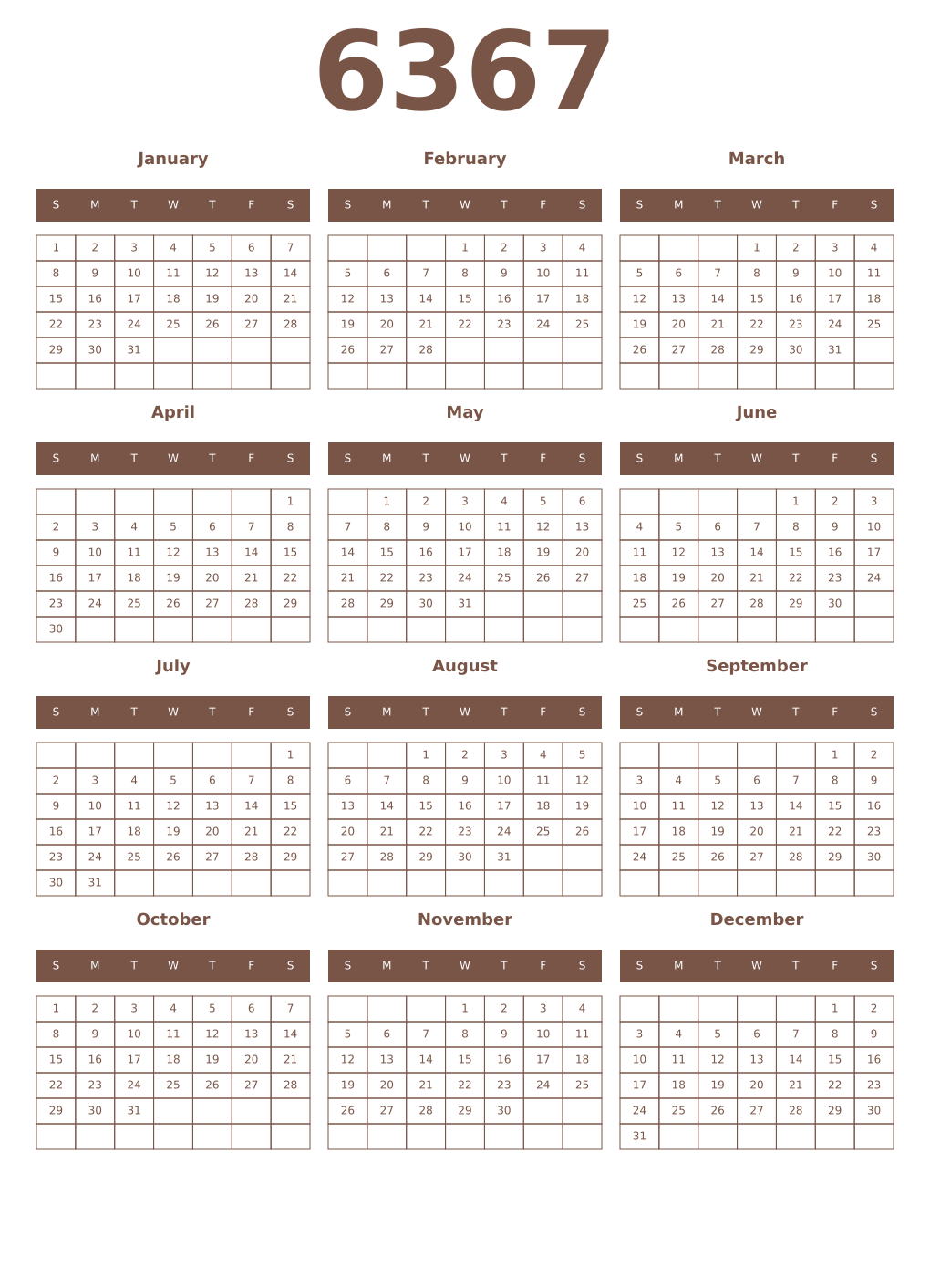 Printable 6367 Year Calendars coffe