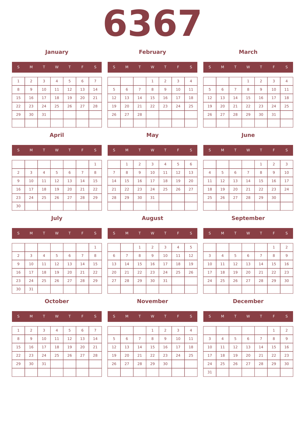 Printable 6367 Year Calendars cordovan