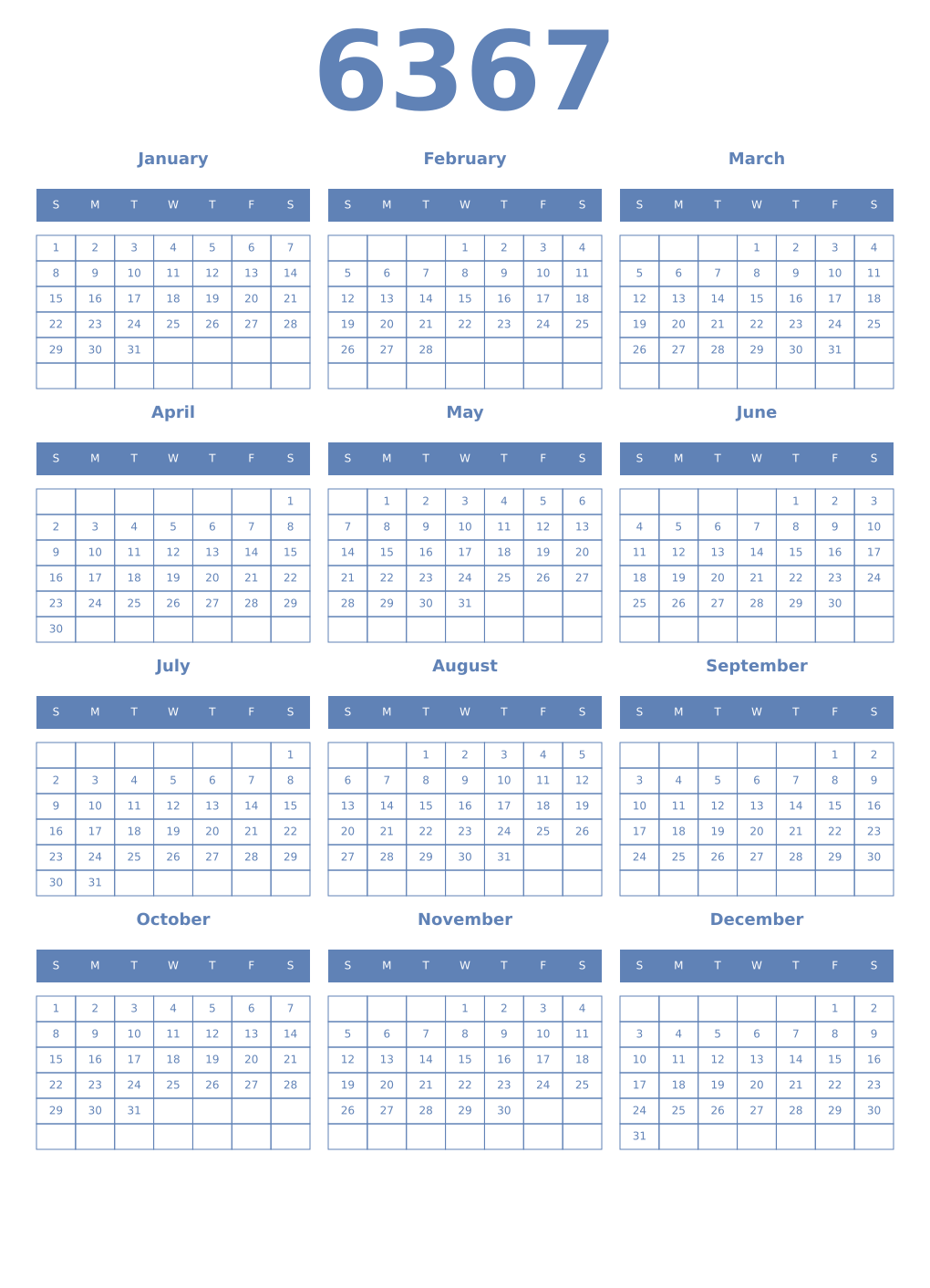 Printable 6367 Year Calendars glaucous