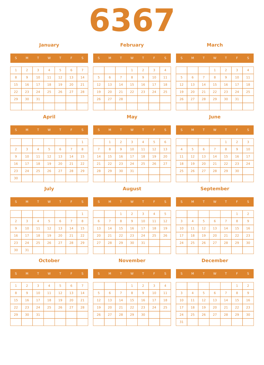 Printable 6367 Year Calendars orange