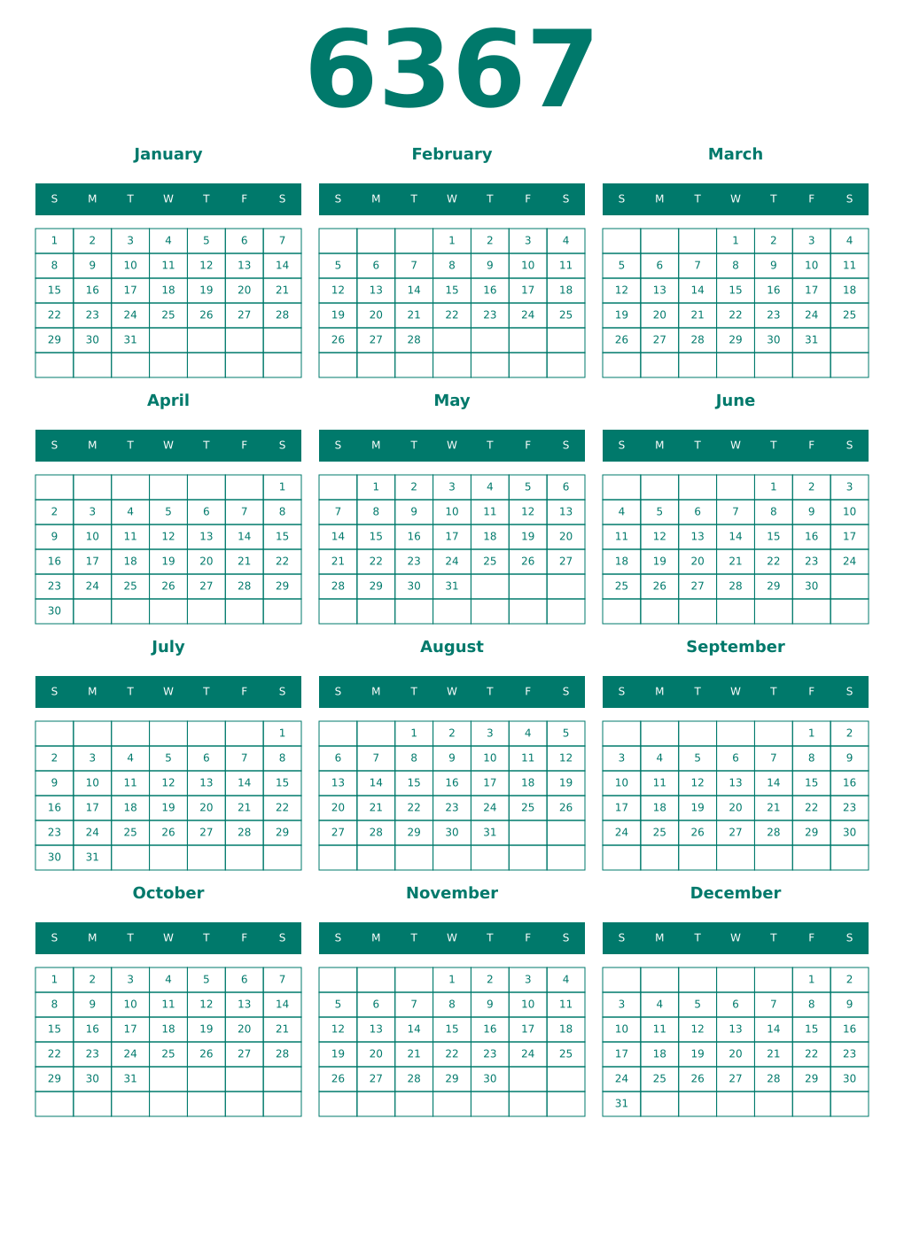 Printable 6367 Year Calendars pastel