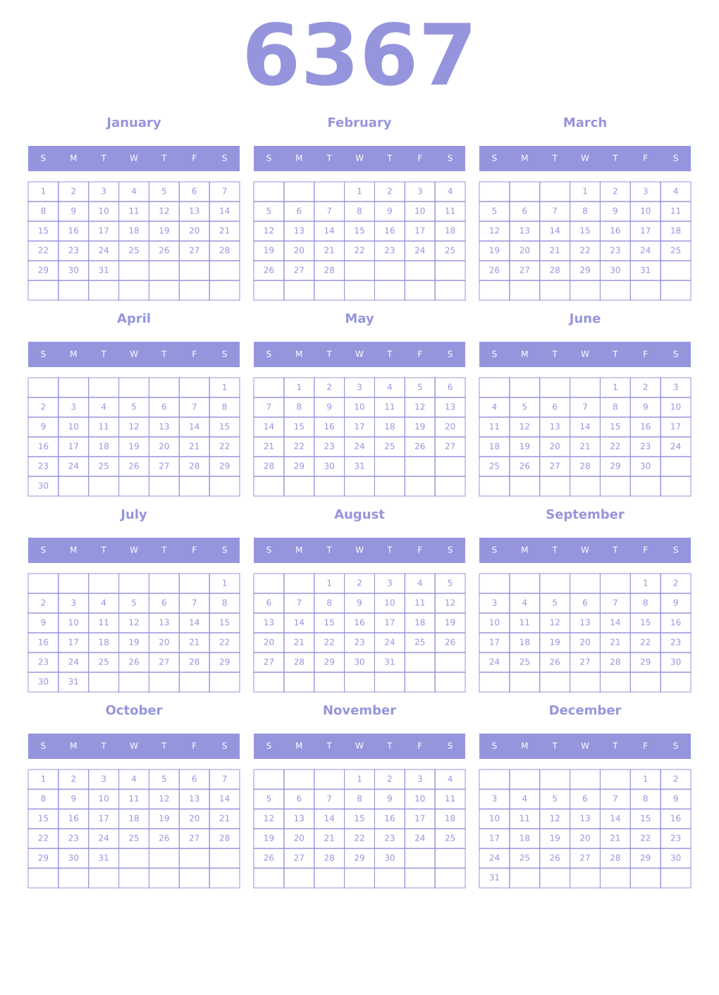 Printable 6367 Year Calendars periwinkle