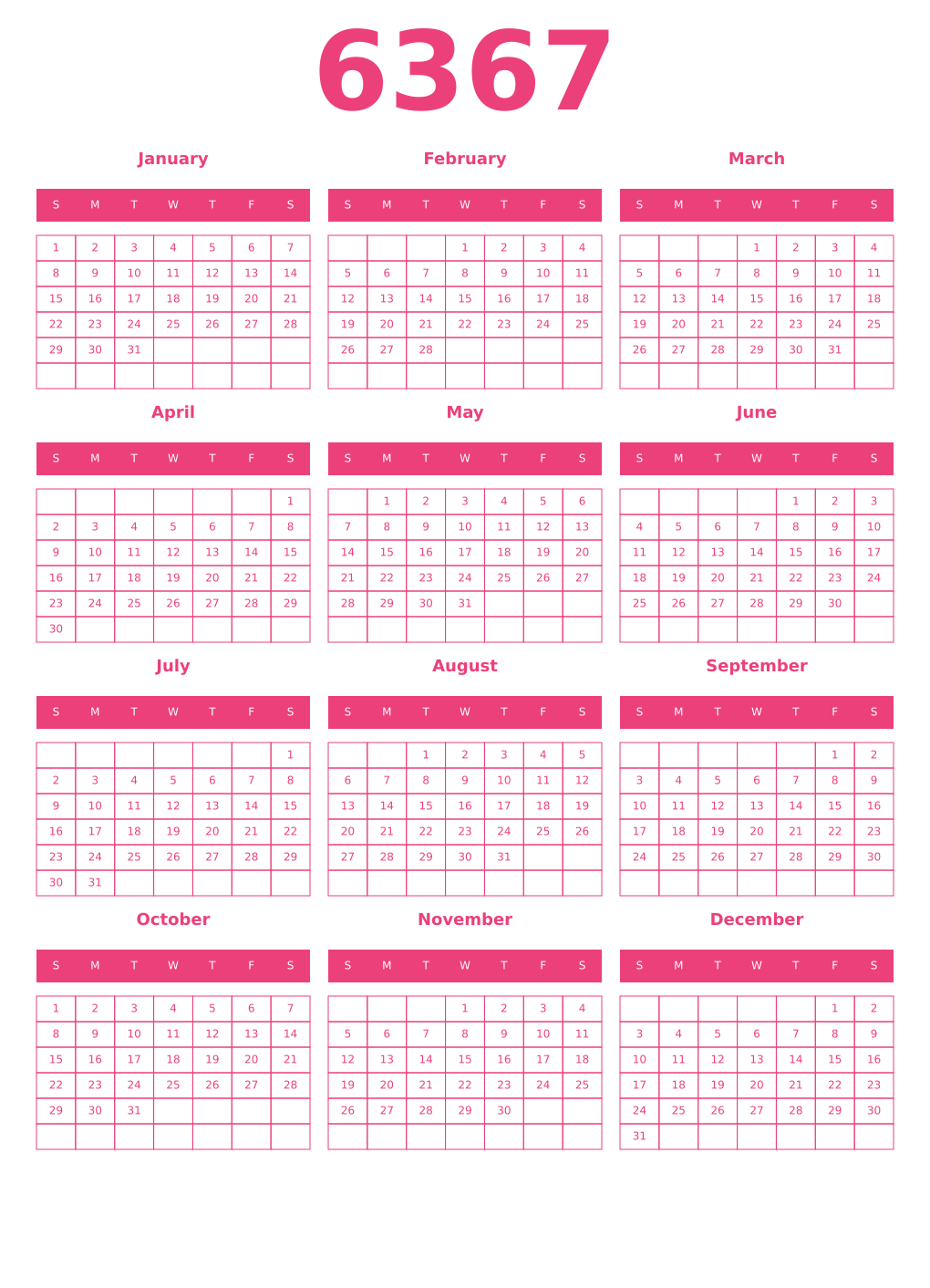 Printable 6367 Year Calendars pink