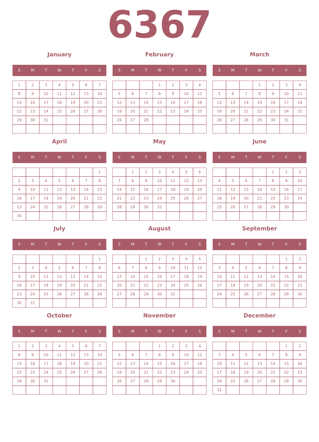 Printable 6367 Year Calendars puce