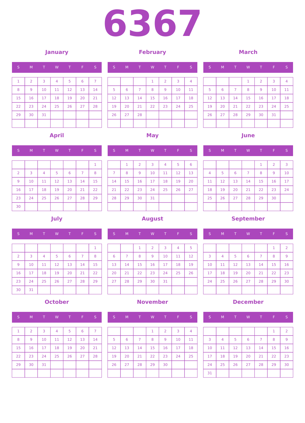 Printable 6367 Year Calendars purple