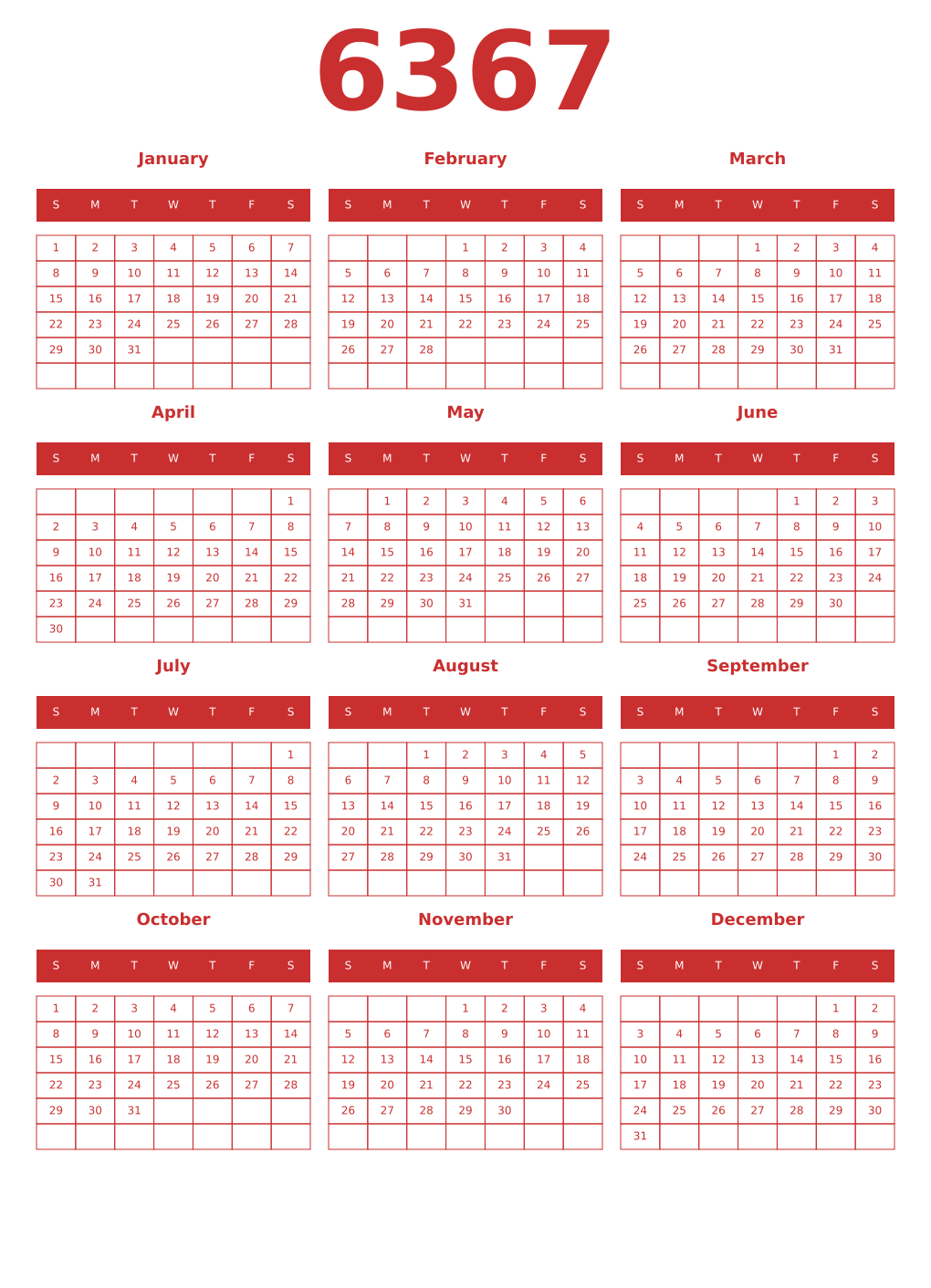 Printable 6367 Year Calendars red