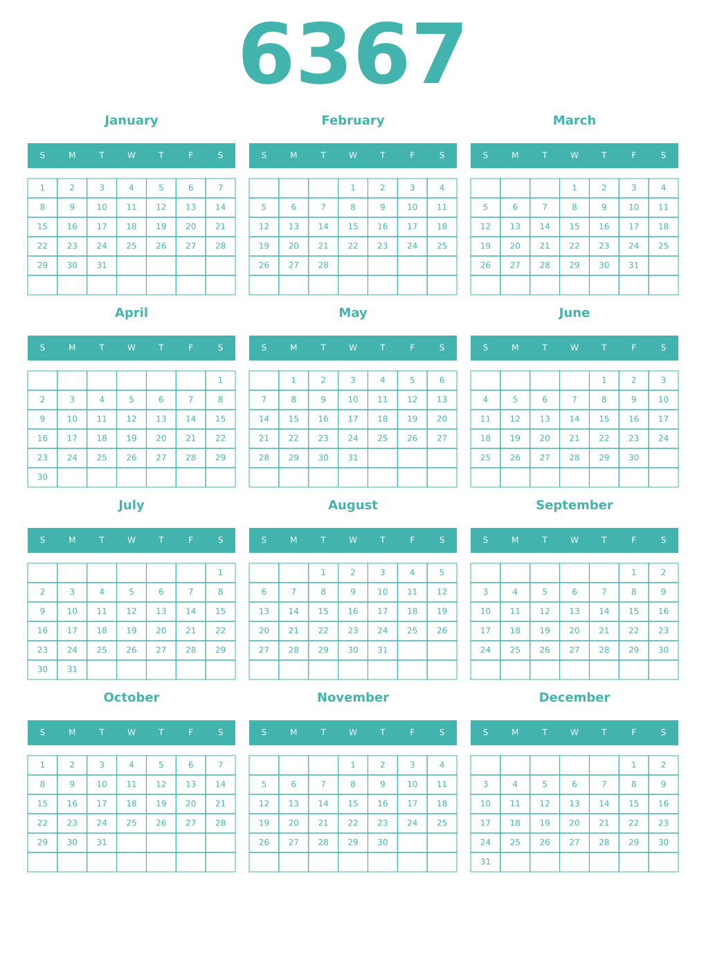 Printable 6367 Year Calendars verdigris