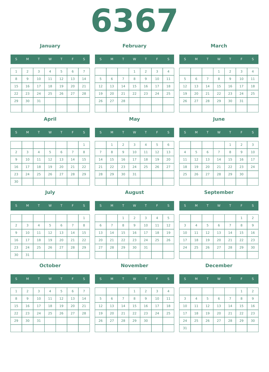 Printable 6367 Year Calendars viridian