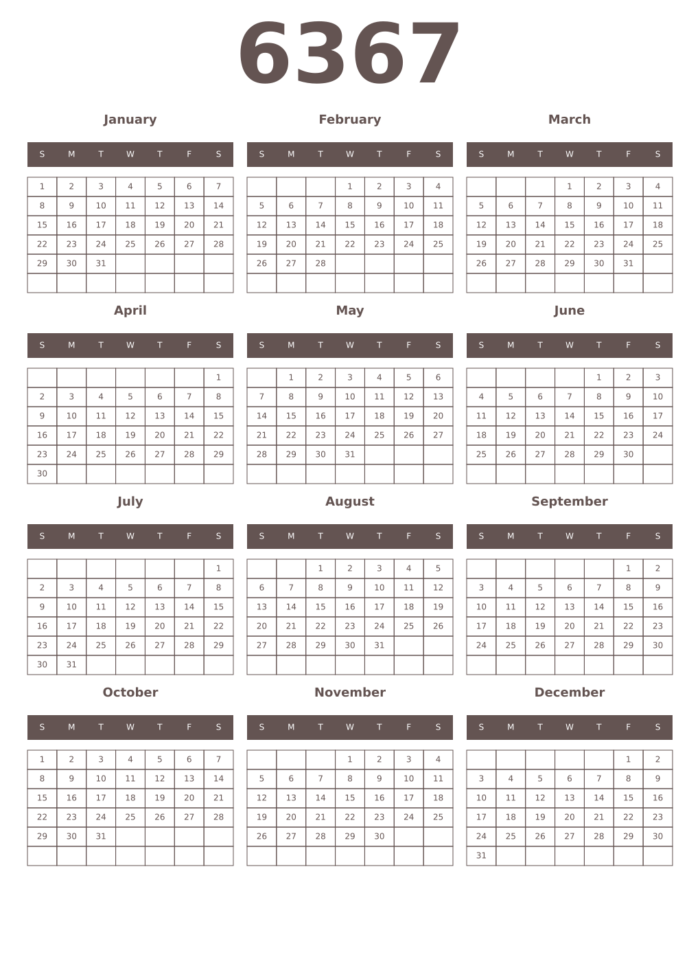 Printable 6367 Year Calendars wenge