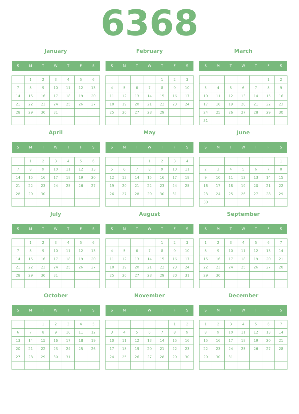 Printable 6368 Year Calendars celadon