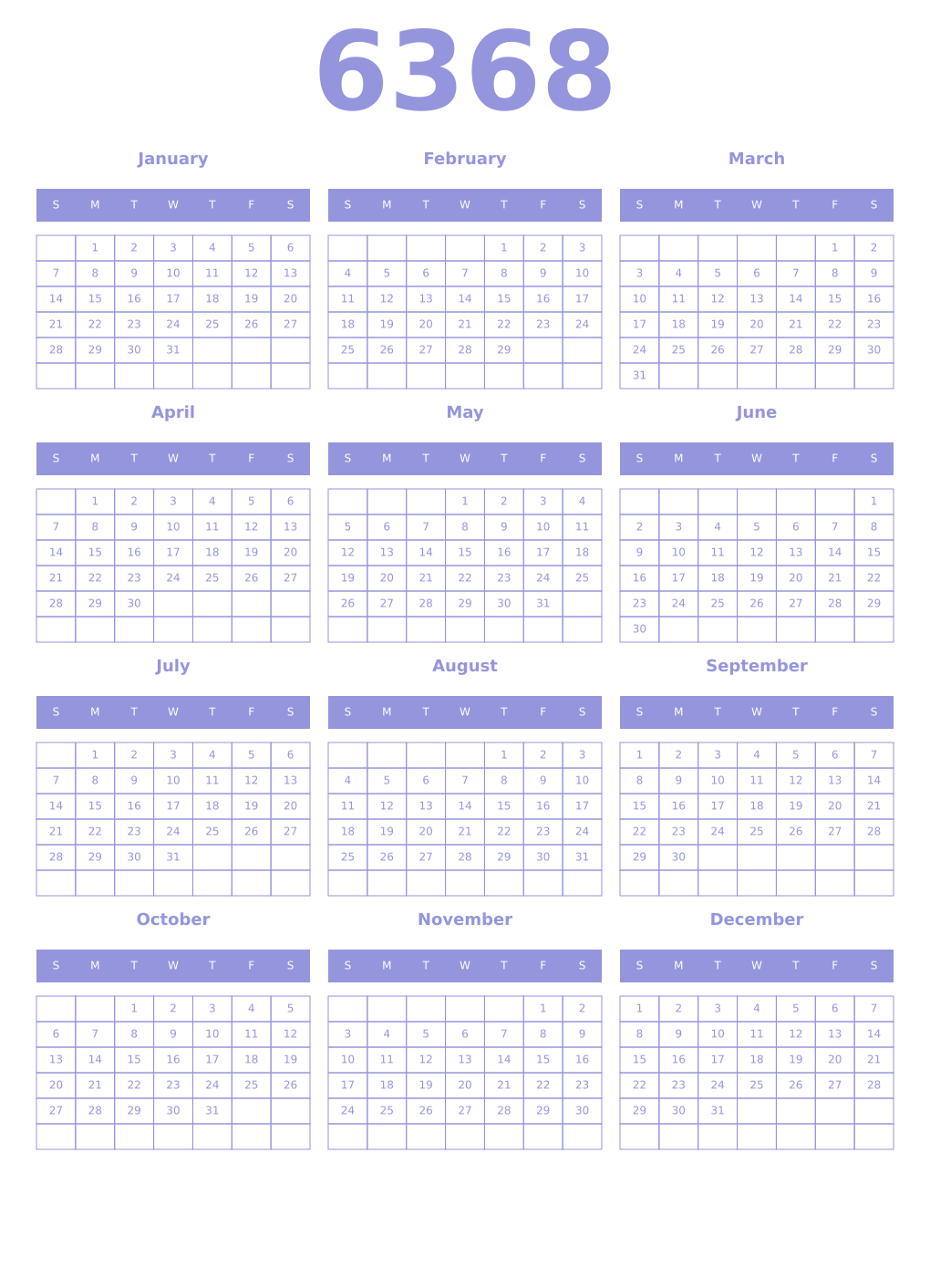 Printable 6368 Year Calendars periwinkle