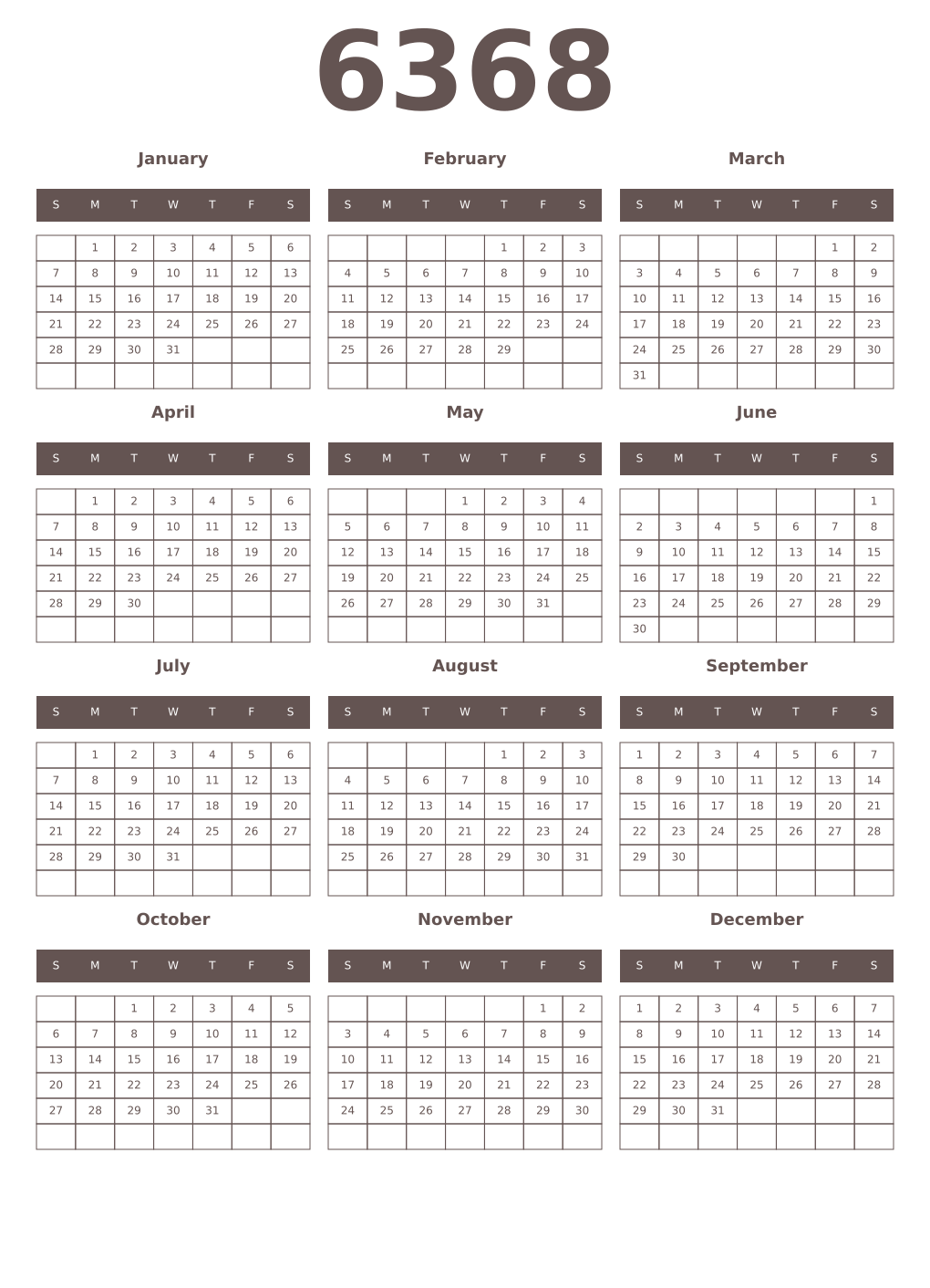 Printable 6368 Year Calendars wenge