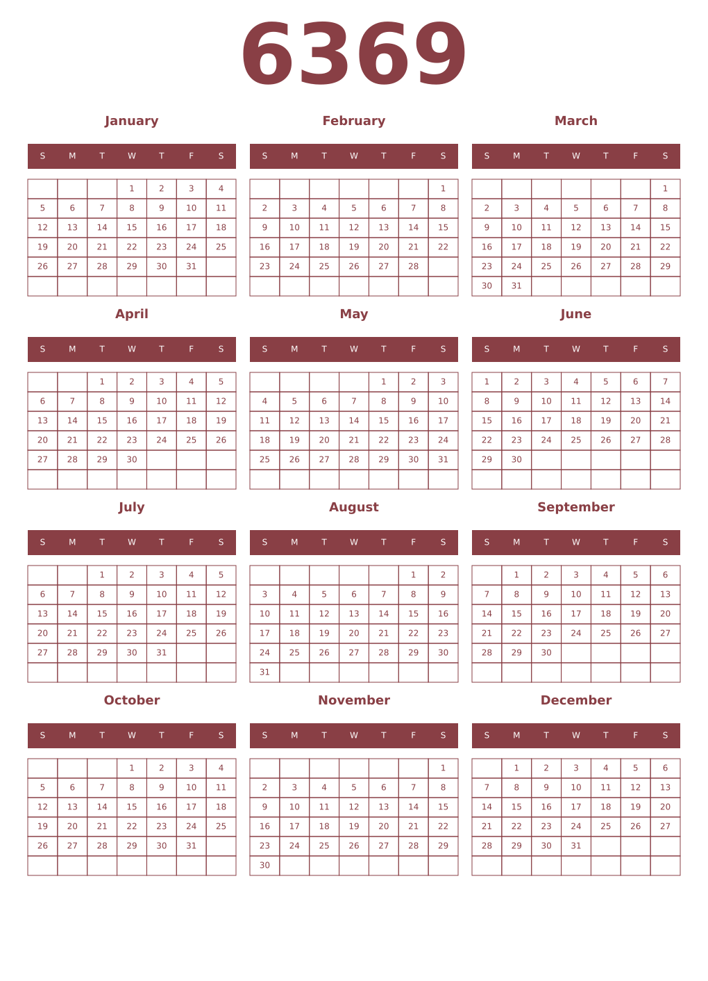 Printable 6369 Year Calendars cordovan