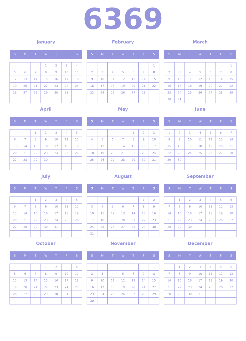 Printable 6369 Year Calendars periwinkle