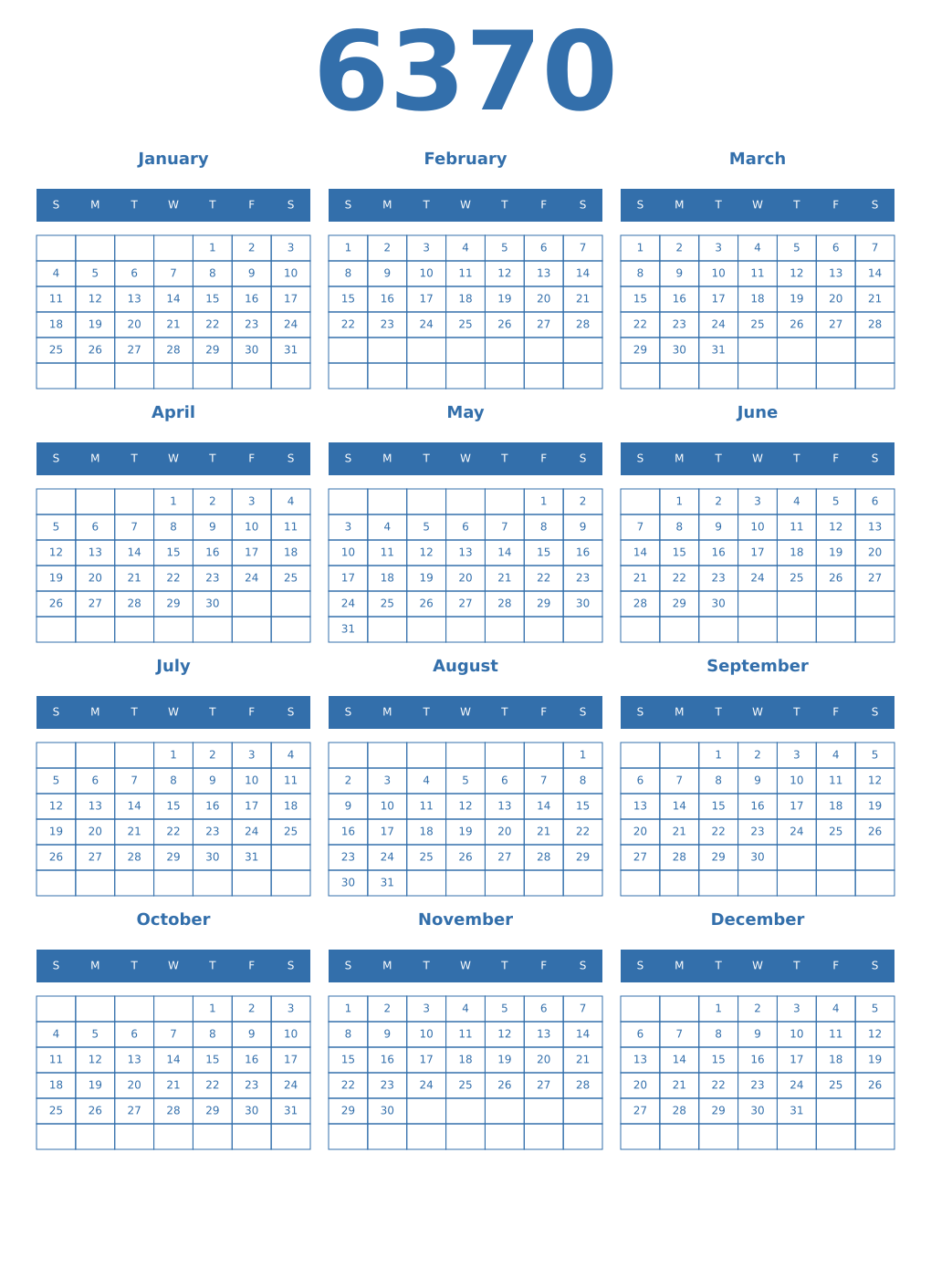 Printable 6370 Year Calendars blue