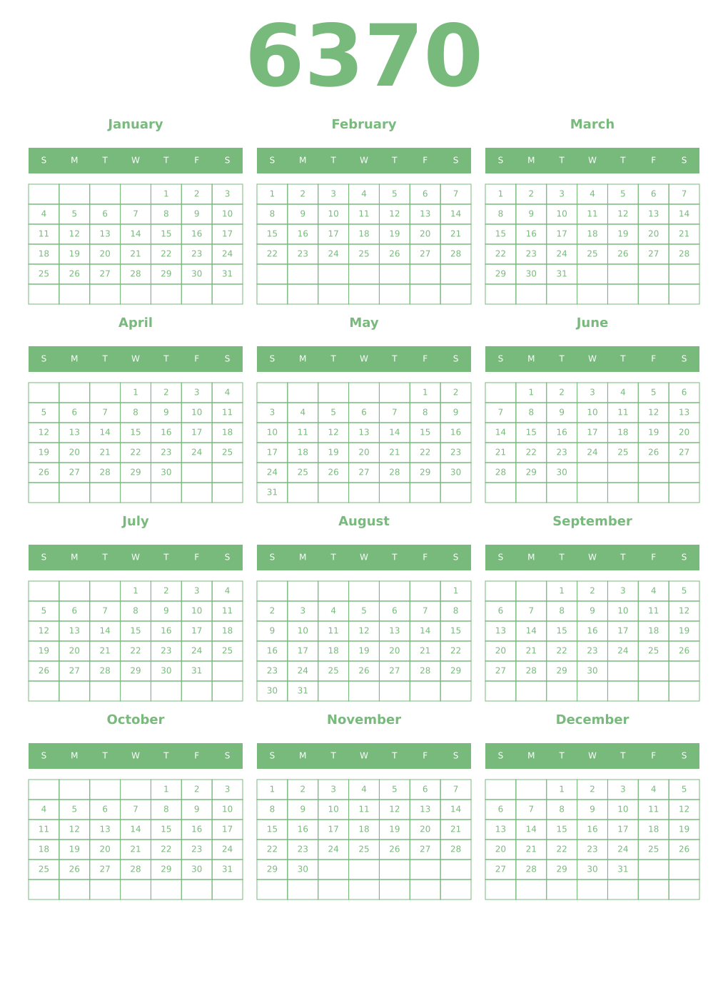 Printable 6370 Year Calendars celadon