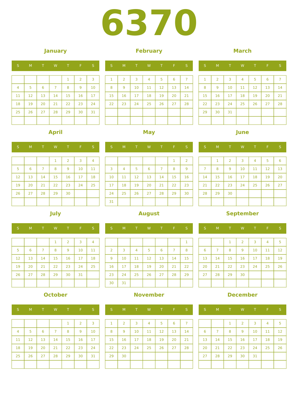 Printable 6370 Year Calendars chartreuse