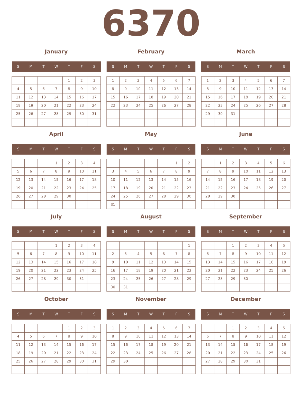 Printable 6370 Year Calendars coffe