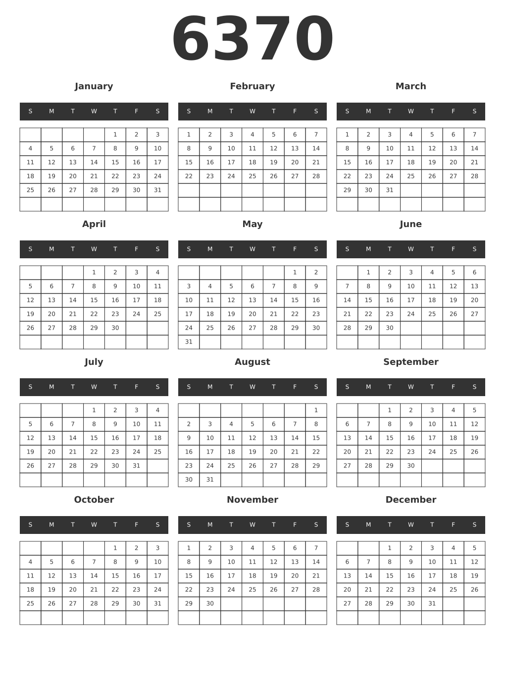 Printable 6370 Year Calendars dark