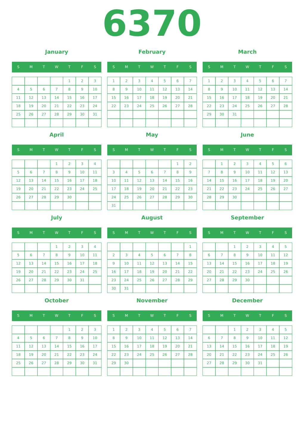 Printable 6370 Year Calendars green