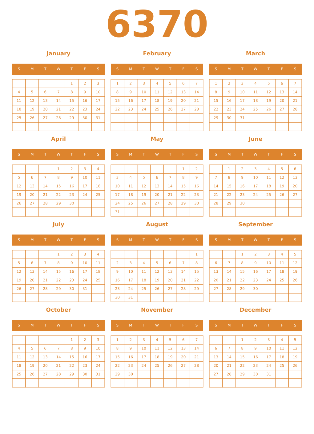 Printable 6370 Year Calendars orange