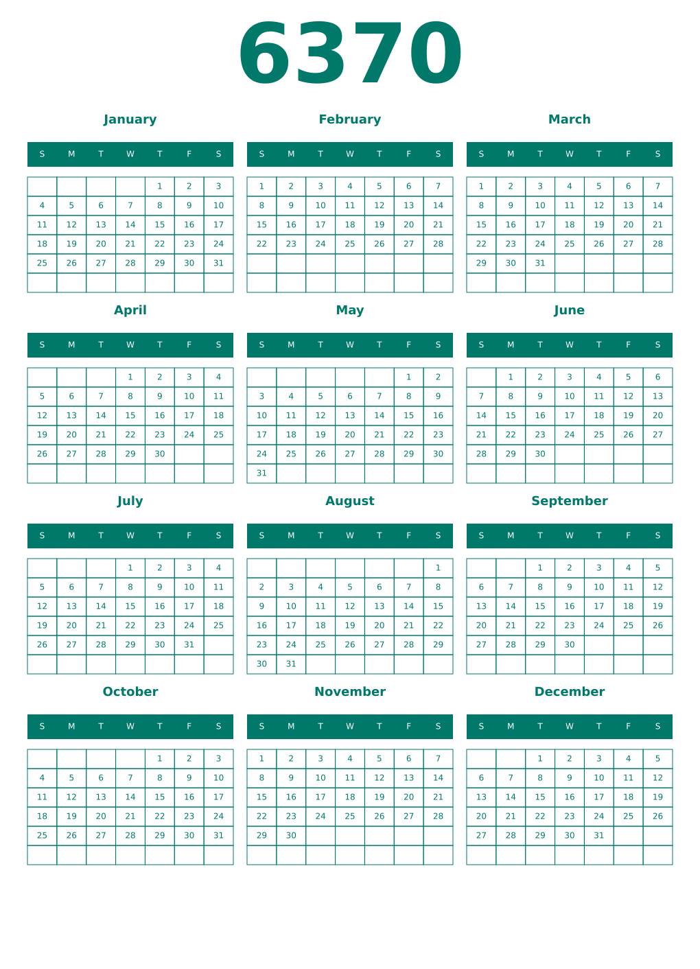 Printable 6370 Year Calendars pastel