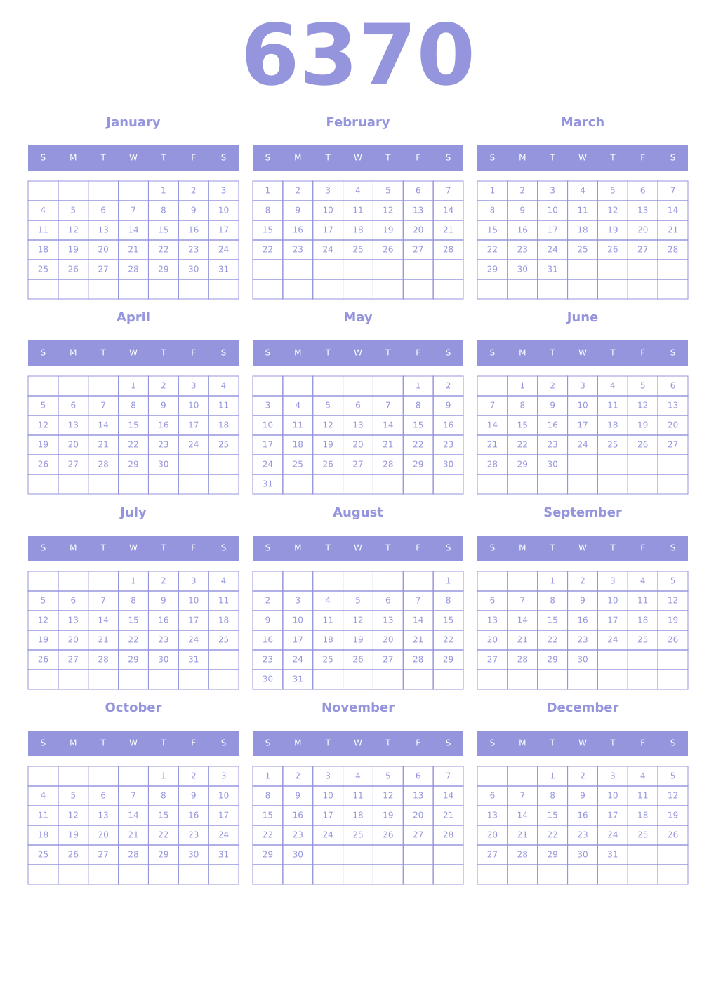 Printable 6370 Year Calendars periwinkle