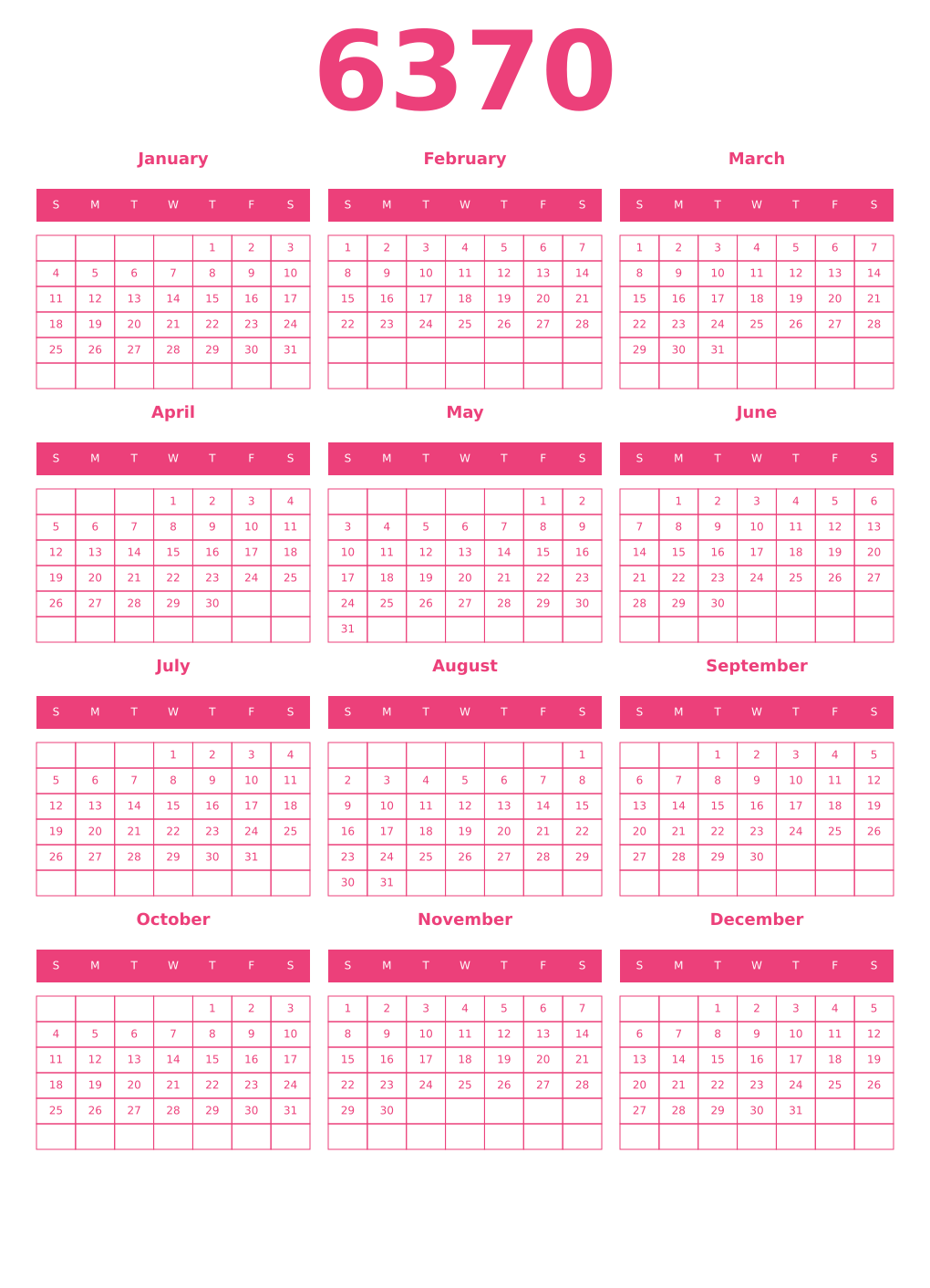 Printable 6370 Year Calendars pink